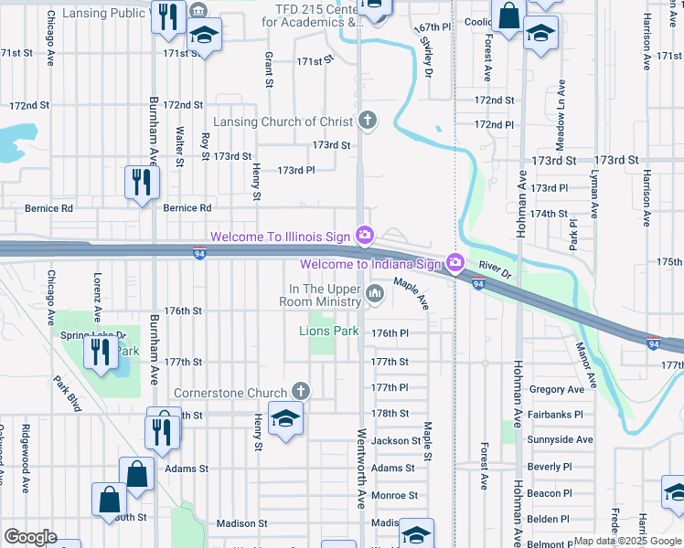 map of restaurants, bars, coffee shops, grocery stores, and more near 17510 Bernadine Street in Lansing