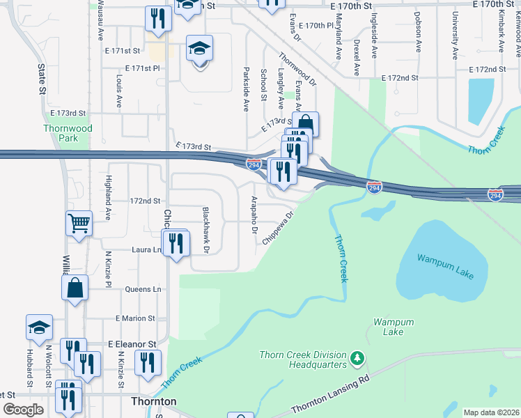 map of restaurants, bars, coffee shops, grocery stores, and more near 18 Arapaho Drive in Thornton