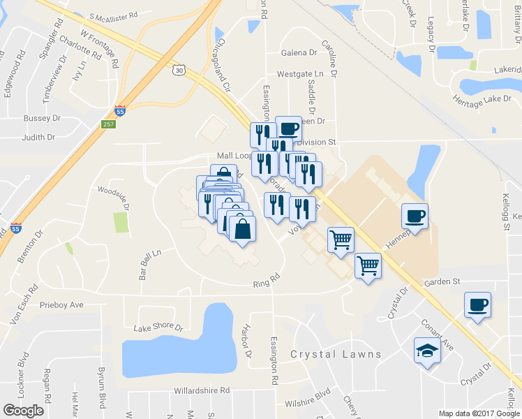 map of restaurants, bars, coffee shops, grocery stores, and more near Ring Road in Joliet