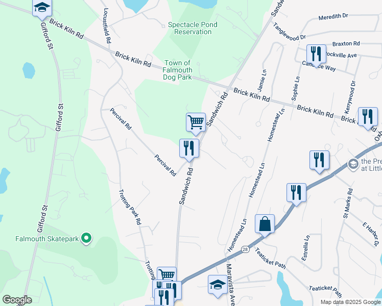 map of restaurants, bars, coffee shops, grocery stores, and more near 158 Sandwich Road in Falmouth