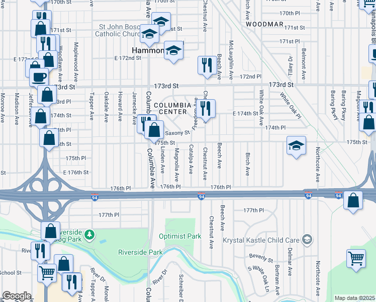 map of restaurants, bars, coffee shops, grocery stores, and more near 7516 Catalpa Avenue in Hammond