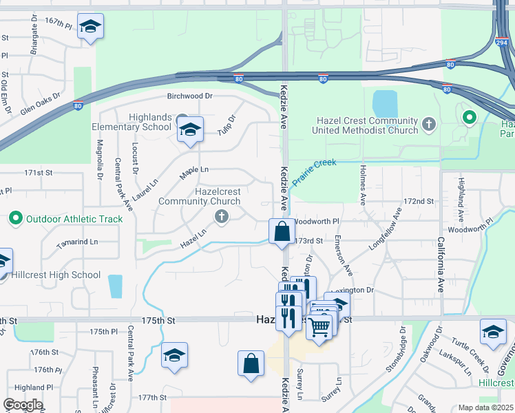 map of restaurants, bars, coffee shops, grocery stores, and more near 3211 172nd Court in Hazel Crest