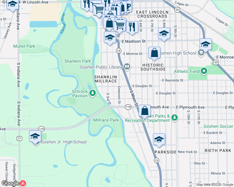 map of restaurants, bars, coffee shops, grocery stores, and more near 713 Emerson Street in Goshen