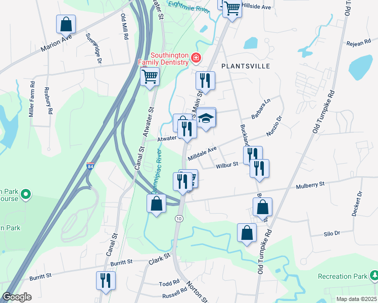 map of restaurants, bars, coffee shops, grocery stores, and more near 1101 South Main Street in Meriden