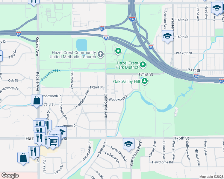 map of restaurants, bars, coffee shops, grocery stores, and more near 17206 Highland Avenue in Hazel Crest