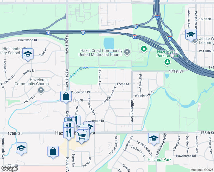 map of restaurants, bars, coffee shops, grocery stores, and more near 2905 172nd Street in Hazel Crest