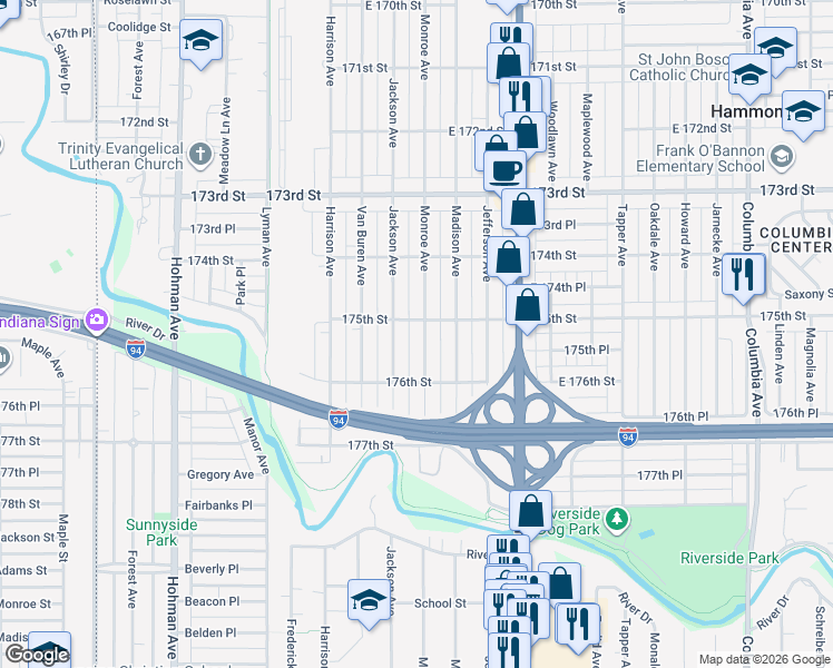 map of restaurants, bars, coffee shops, grocery stores, and more near 7512 Monroe Avenue in Hammond