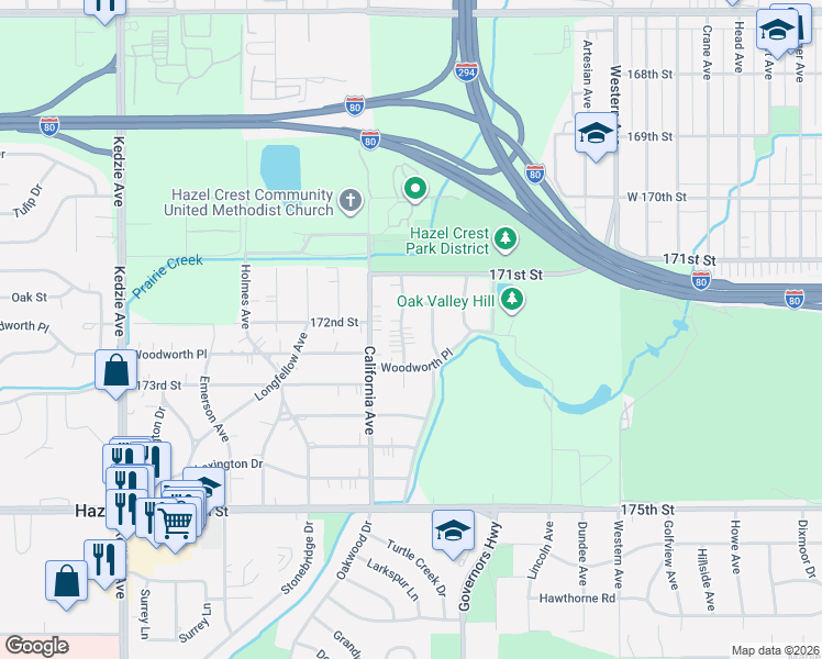 map of restaurants, bars, coffee shops, grocery stores, and more near 17206 Hillside Avenue in Hazel Crest