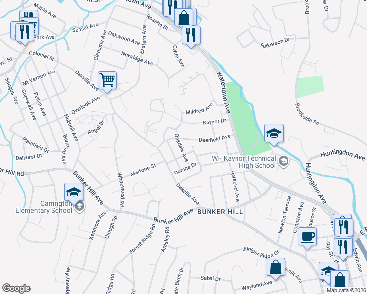map of restaurants, bars, coffee shops, grocery stores, and more near 46 Oakdale Avenue in Waterbury