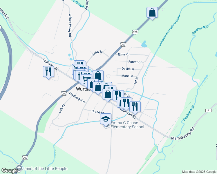map of restaurants, bars, coffee shops, grocery stores, and more near 80 Water Street in Wurtsboro