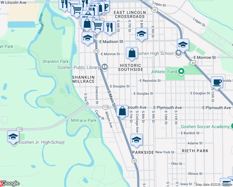 map of restaurants, bars, coffee shops, grocery stores, and more near 713 South 6th Street in Goshen