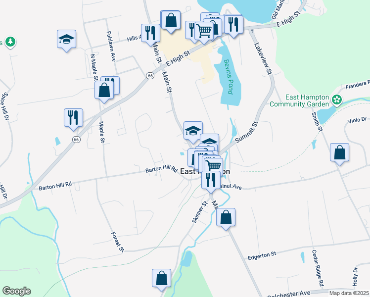 map of restaurants, bars, coffee shops, grocery stores, and more near 56 Main Street in East Hampton