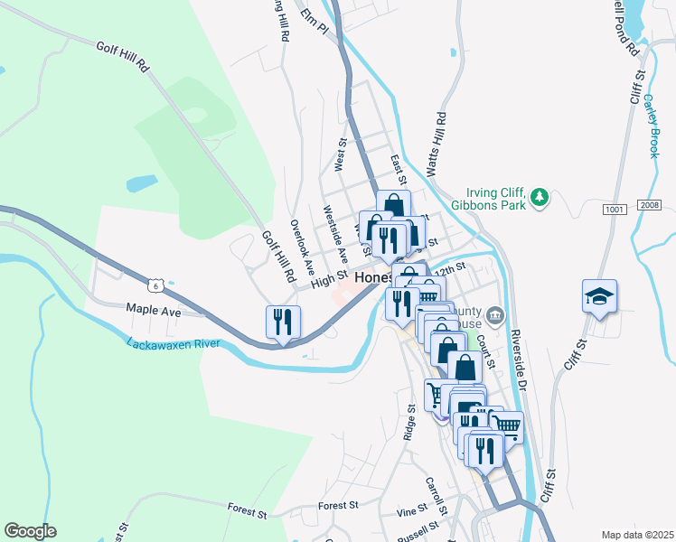 map of restaurants, bars, coffee shops, grocery stores, and more near 1222 Westside Ave in Honesdale