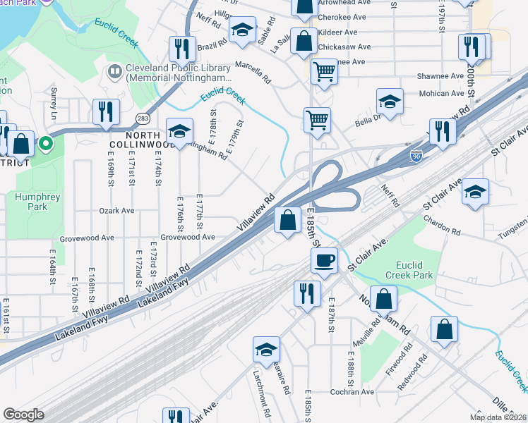 map of restaurants, bars, coffee shops, grocery stores, and more near 18200 Nottingham Road in Cleveland