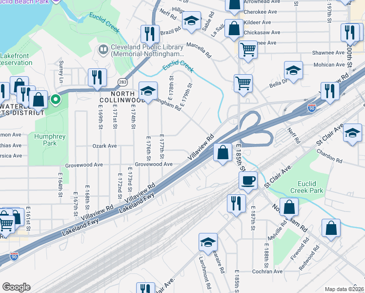 map of restaurants, bars, coffee shops, grocery stores, and more near 17817 Delavan Avenue in Cleveland