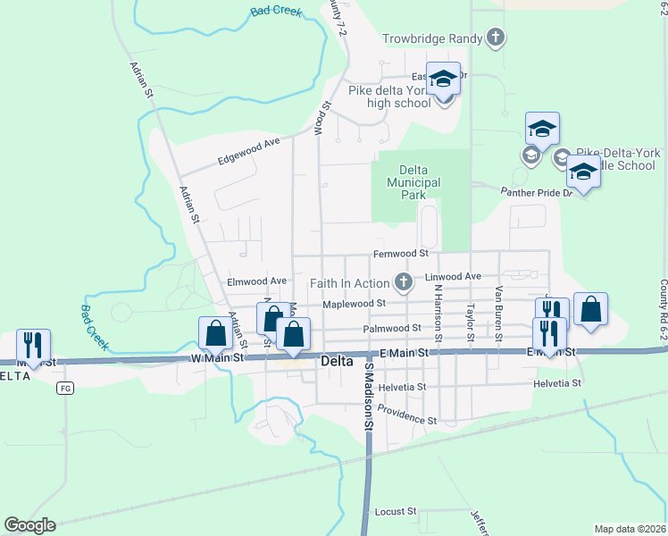 map of restaurants, bars, coffee shops, grocery stores, and more near 315 Wood Street in Delta