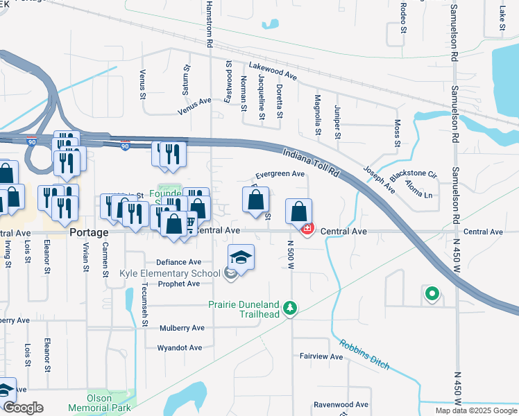 map of restaurants, bars, coffee shops, grocery stores, and more near 2565 Parkview Street in Portage