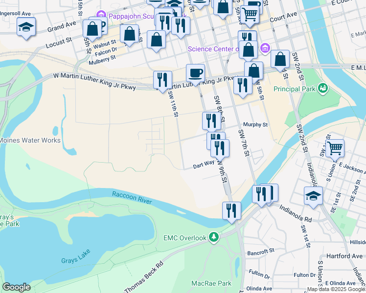 map of restaurants, bars, coffee shops, grocery stores, and more near 535 Southwest 11th Street in Des Moines