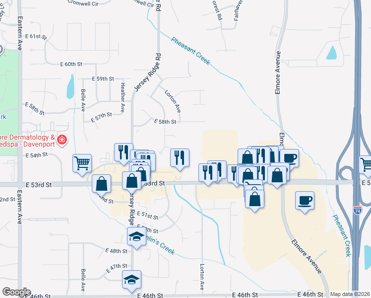 map of restaurants, bars, coffee shops, grocery stores, and more near 2718 East 53rd Street in Davenport