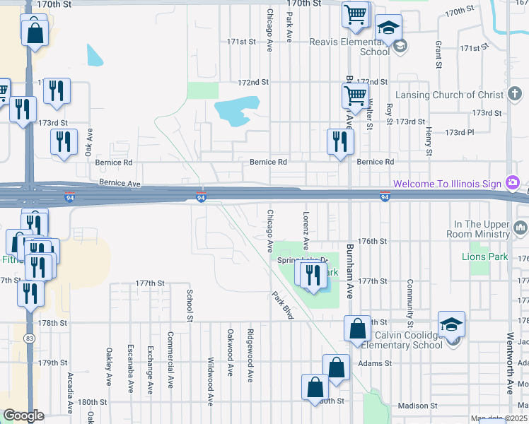 map of restaurants, bars, coffee shops, grocery stores, and more near 17506 Chicago Avenue in Lansing