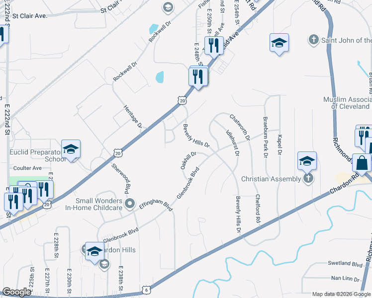 map of restaurants, bars, coffee shops, grocery stores, and more near 24441 Oakhill Drive in Euclid