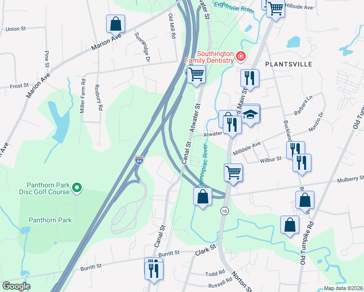 map of restaurants, bars, coffee shops, grocery stores, and more near 18 Canal Street in Southington