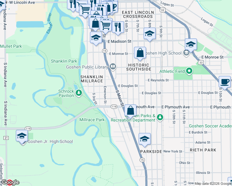 map of restaurants, bars, coffee shops, grocery stores, and more near 713 South Main Street in Goshen