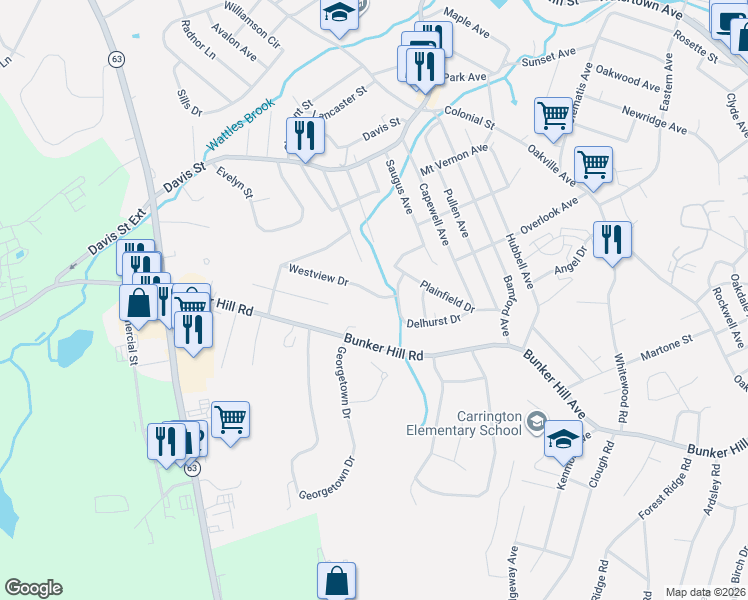 map of restaurants, bars, coffee shops, grocery stores, and more near 25 Westview Drive in Watertown