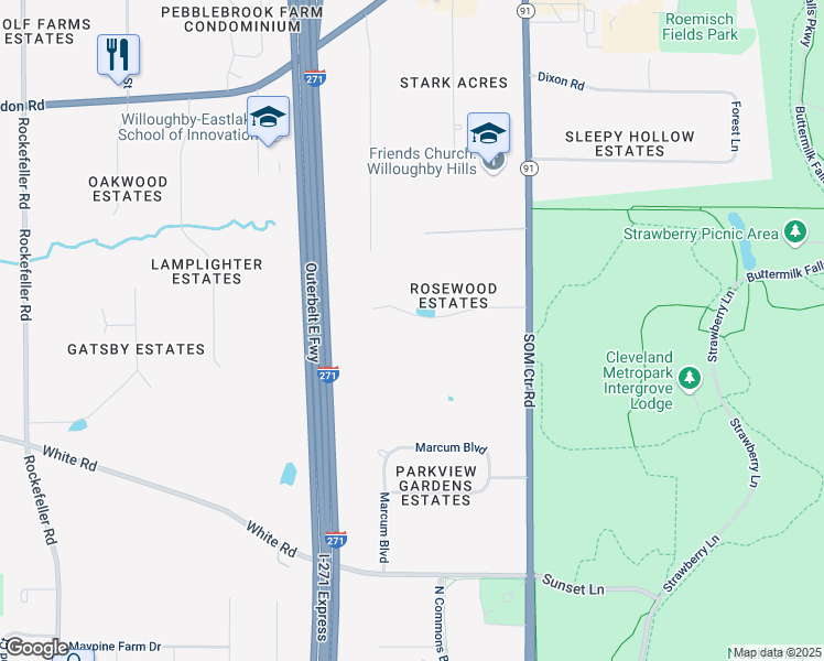 map of restaurants, bars, coffee shops, grocery stores, and more near 33880 Rosewood Trail in Willoughby Hills