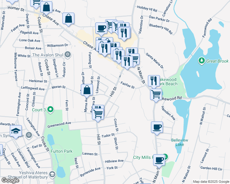 map of restaurants, bars, coffee shops, grocery stores, and more near 556 Hill Street in Waterbury