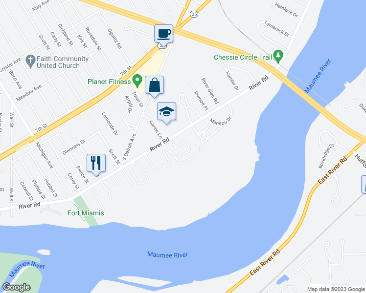 map of restaurants, bars, coffee shops, grocery stores, and more near 310 River Bend Lane in Maumee