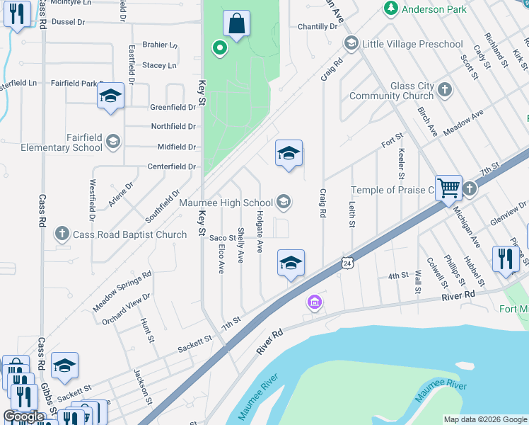 map of restaurants, bars, coffee shops, grocery stores, and more near 1226 Holgate Avenue in Maumee