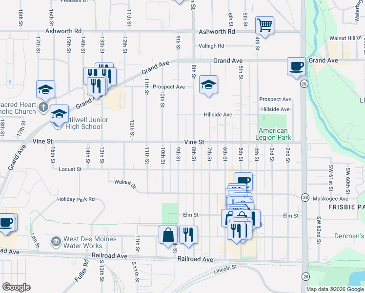 map of restaurants, bars, coffee shops, grocery stores, and more near 541 9th St in West Des Moines