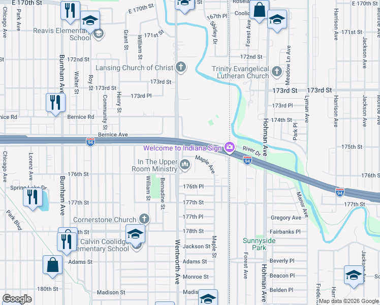 map of restaurants, bars, coffee shops, grocery stores, and more near 17515 Maple Avenue in Lansing