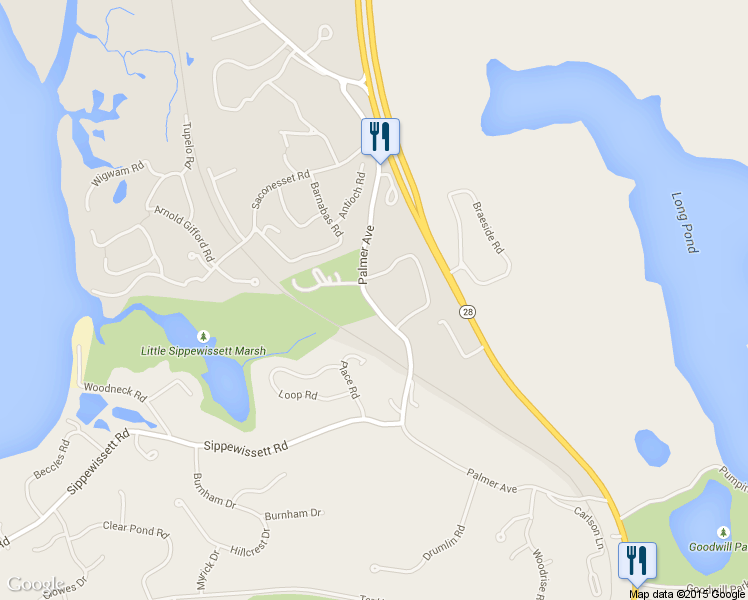 map of restaurants, bars, coffee shops, grocery stores, and more near 7 Cachalot Lane in Falmouth