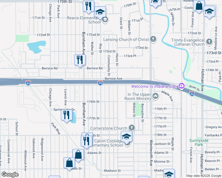 map of restaurants, bars, coffee shops, grocery stores, and more near 17513 Community Street in Lansing
