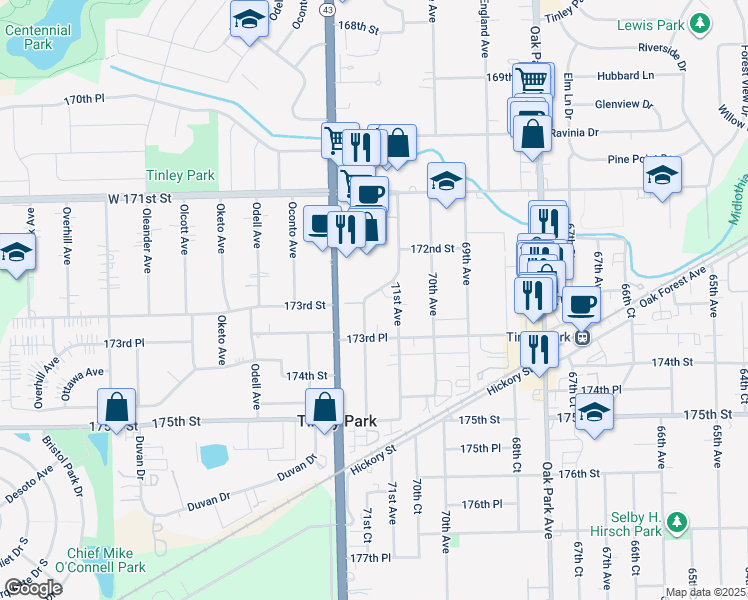 map of restaurants, bars, coffee shops, grocery stores, and more near 17241 71st Court in Tinley Park