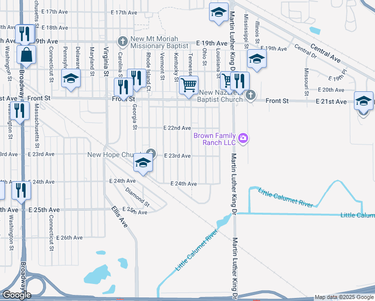 map of restaurants, bars, coffee shops, grocery stores, and more near 2266 Tennessee Street in Gary