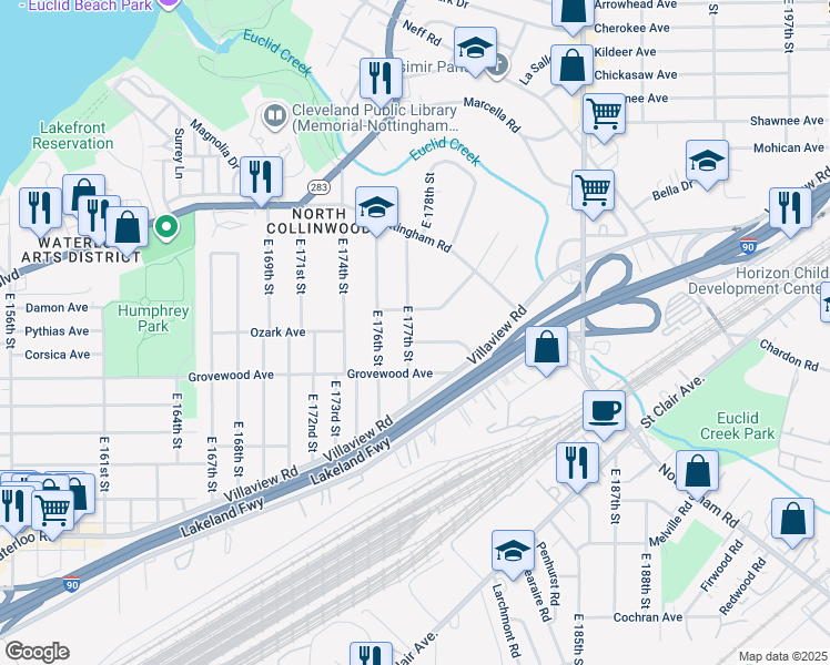 map of restaurants, bars, coffee shops, grocery stores, and more near 1127 East 177th Street in Cleveland