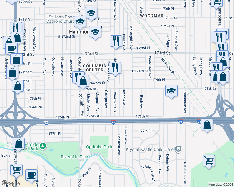 map of restaurants, bars, coffee shops, grocery stores, and more near 7515 Chestnut Avenue in Hammond