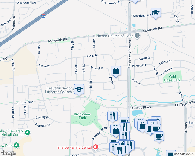 map of restaurants, bars, coffee shops, grocery stores, and more near 7836 Dakota Circle in West Des Moines