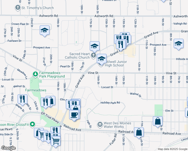 map of restaurants, bars, coffee shops, grocery stores, and more near 1616 Vine Street in West Des Moines