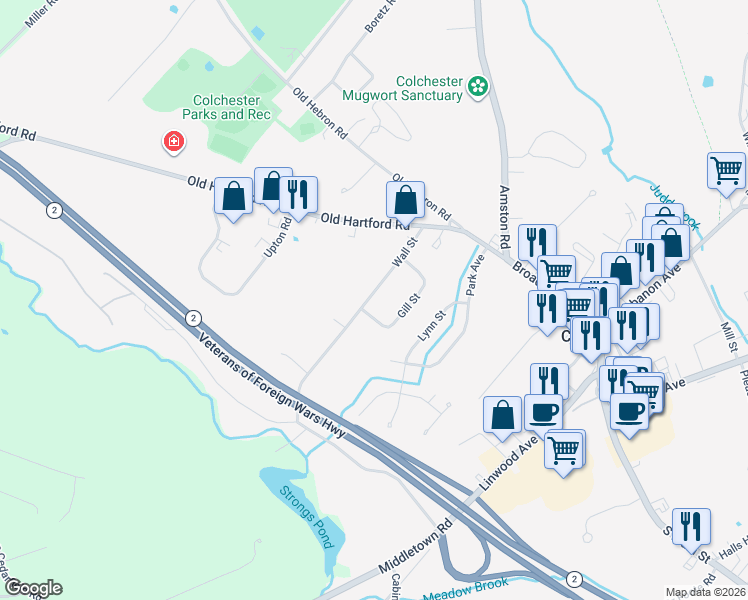 map of restaurants, bars, coffee shops, grocery stores, and more near 111 Wall Street in Colchester