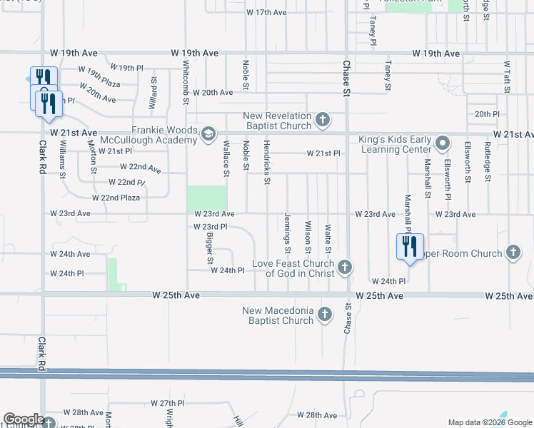 map of restaurants, bars, coffee shops, grocery stores, and more near 3501 West 23rd Avenue in Gary