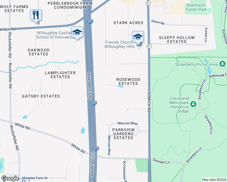 map of restaurants, bars, coffee shops, grocery stores, and more near 33880 Rosewood Trail in Willoughby Hills
