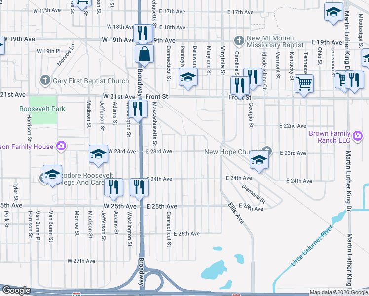map of restaurants, bars, coffee shops, grocery stores, and more near 2287 Pennsylvania Street in Gary