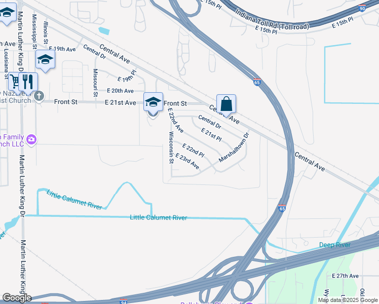 map of restaurants, bars, coffee shops, grocery stores, and more near 2557 East 22nd Place in Gary