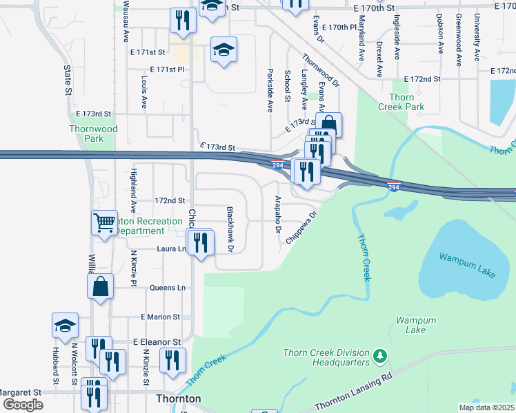 map of restaurants, bars, coffee shops, grocery stores, and more near 55 Indianwood Drive in Thornton