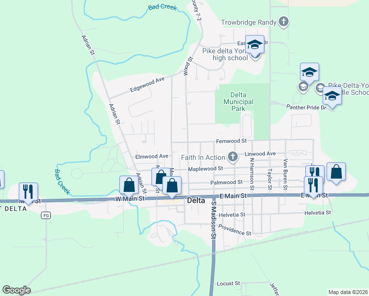 map of restaurants, bars, coffee shops, grocery stores, and more near 315 Wood Street in Delta