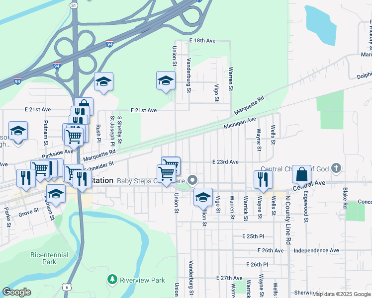 map of restaurants, bars, coffee shops, grocery stores, and more near 2238 Vanderburg Street in Lake Station